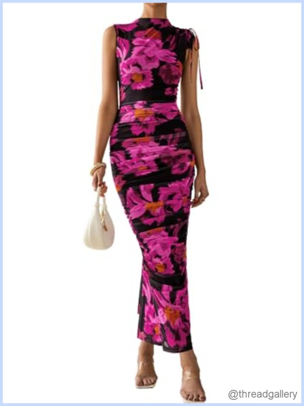 Women Mesh Floral Maxi Dress Sleeveless Mock Neck Ruched Bodycon Formal Sum